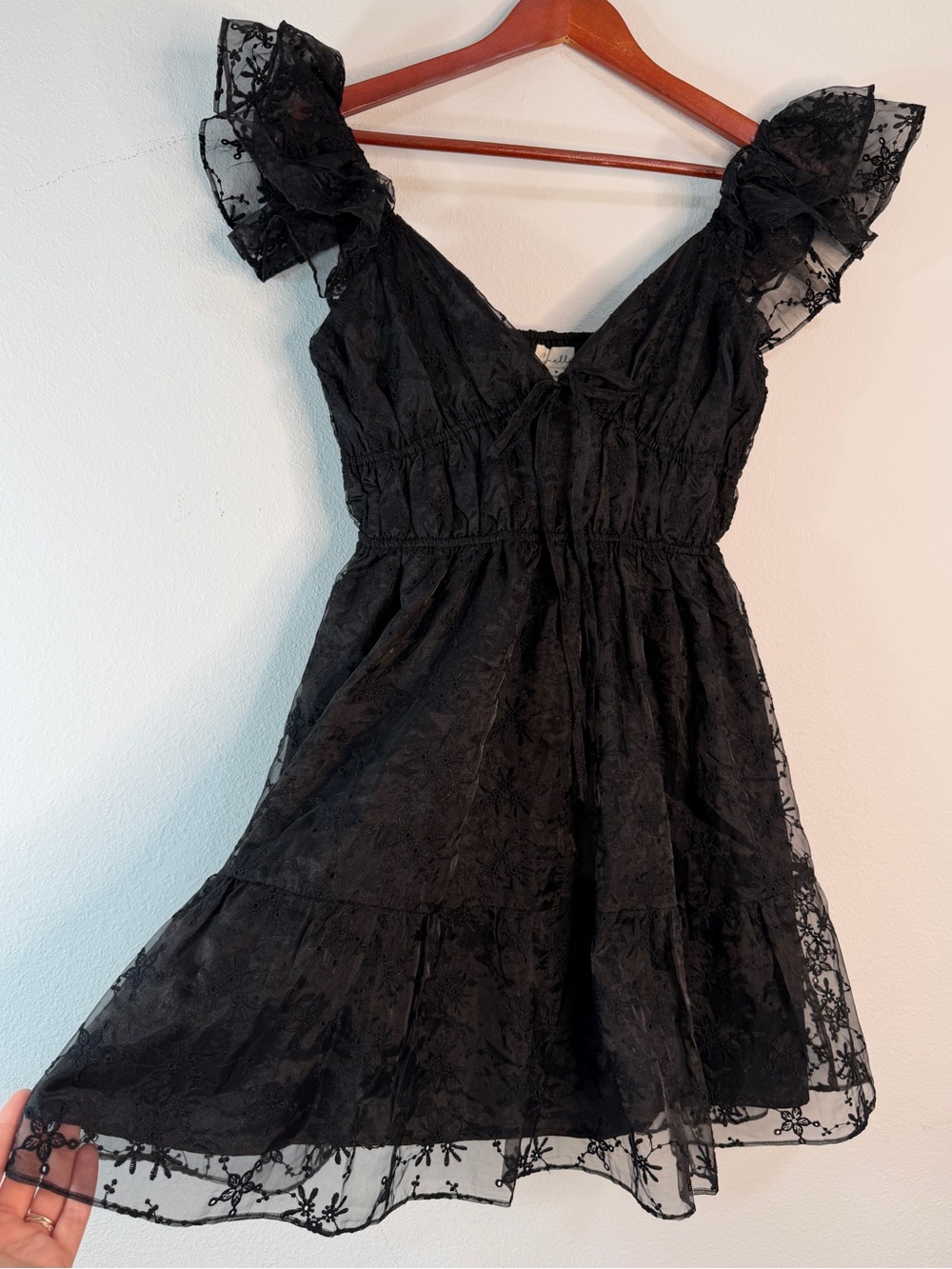 Black Boho Embroidered Sheer Lined Babydoll Dress Womens Medium Whimsigoth Fairy